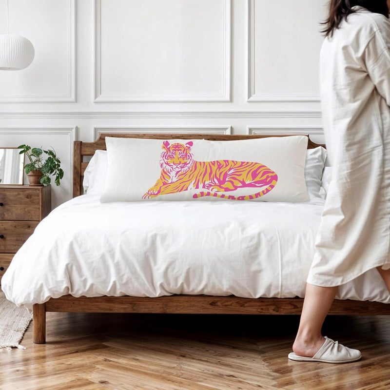 Exqcom Store Trendy Pink and Orange Tiger Body Pillow Covers 20x54, Coquette Room Decor, Funky Preppy Tiger Long Body Pillow Case Cover with Hidden Zipper for Women Adults Girls - Image 2
